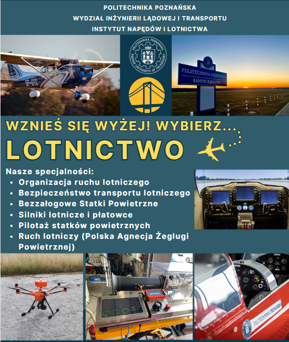 obraz przedstawia ulotkę dotyczącą oferty dydaktycznej na kierunkach Lotnictwo oraz Lotnictwo i kosmonautyka